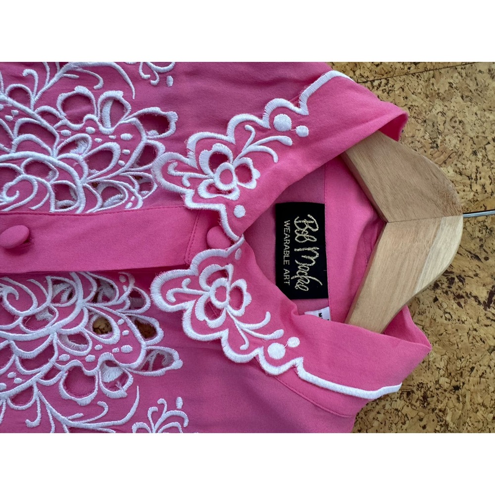 Bob Mackie Wearable Art VINTAGE 90s button down bubblegum 100% silk embroidery L - Picture 14 of 14